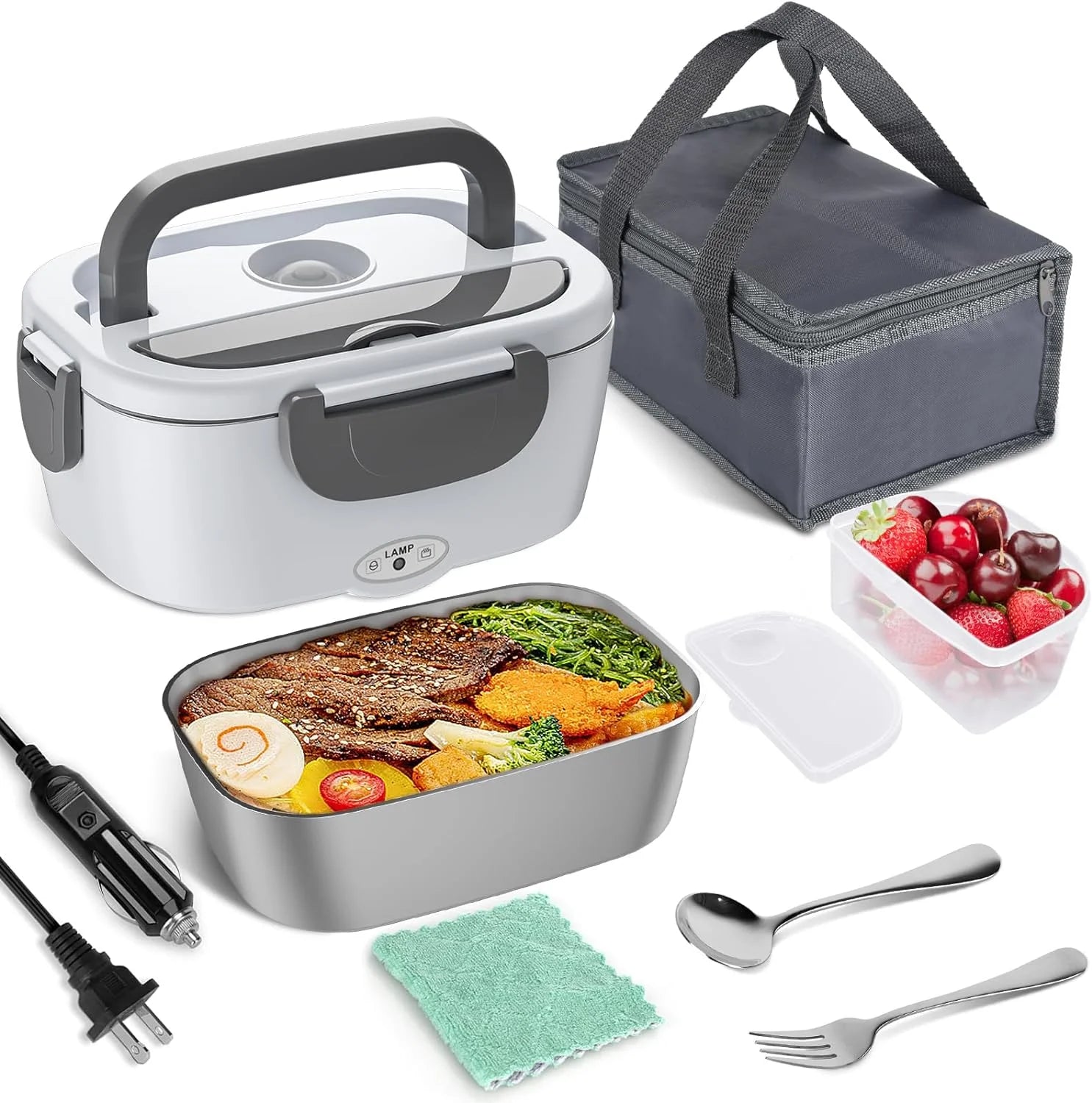 Electric Lunch Box Food Heater,  60-80W Electric Heating Lunch Boxes Lunch for Car/Men/Adults/Home/Work, 1.5L Removable 304 Stainless Steel Container, 110V/12V/24V, with Fork &amp; Spoon